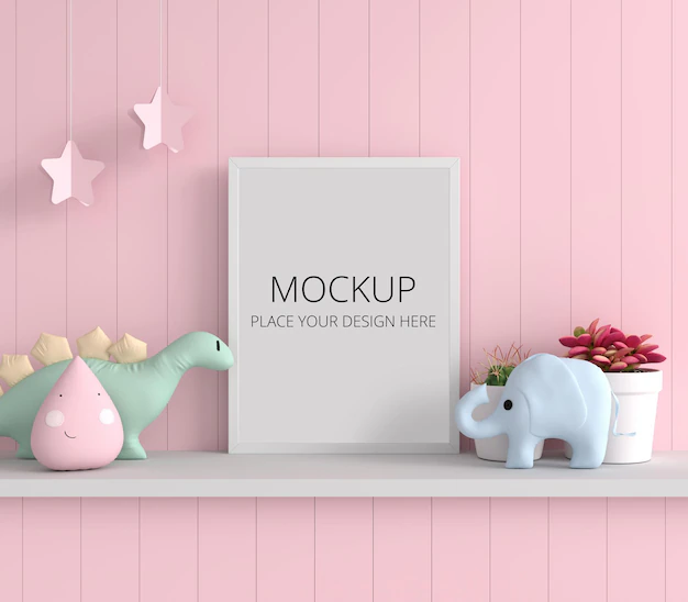 Free PSD | Doll on shelf with picture frame mockup