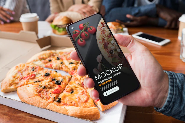 Free PSD | Eating with friends phone mockup
