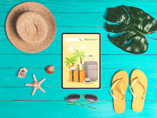 Free PSD | Editable flat lay tablet mockup with summer elements