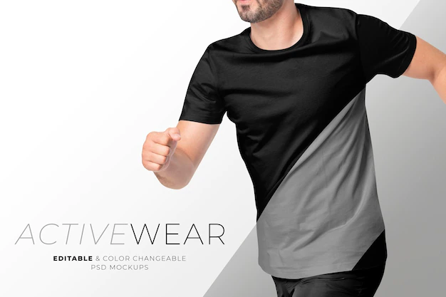 Free PSD | Editable men’s t-shirt psd mockup in black and gray activewear ad