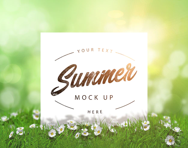 Free PSD | Editable summer mock up with blank card nestled in grass with daisies