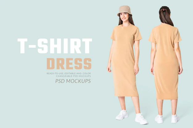 Free PSD | Editable t-shirt dress mockup psd beige with bucket hat women’s casual wear apparel ad
