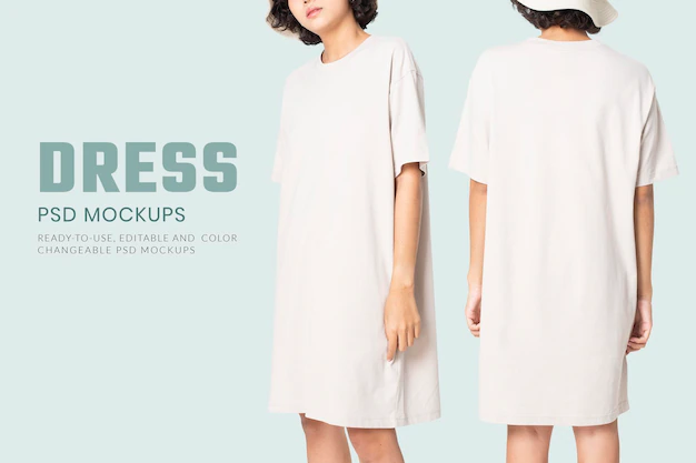 Free PSD | Editable t-shirt dress mockup psd white with bucket hat women’s casual wear apparel ad