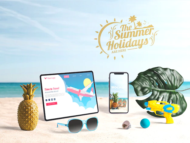 Free PSD | Editable tablet and smartphone mockup with summer elements