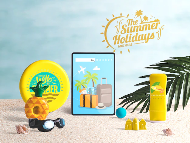 Free PSD | Editable tablet mockup with summer elements