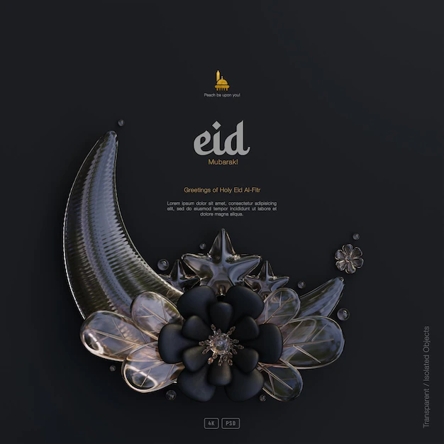 Free PSD | Eid mubarak greeting card background with decorative cute 3d flower crescent ornaments dark scene