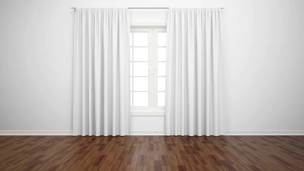 Free PSD | Empty room with window and white curtains, parquet floor