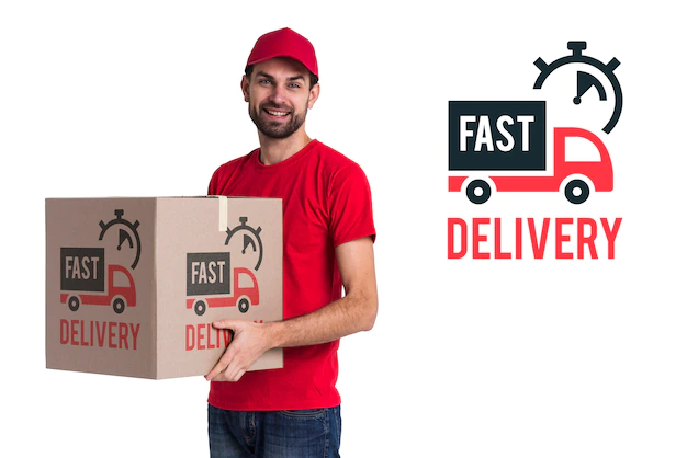 Free PSD | Fast delivery and man in red costume