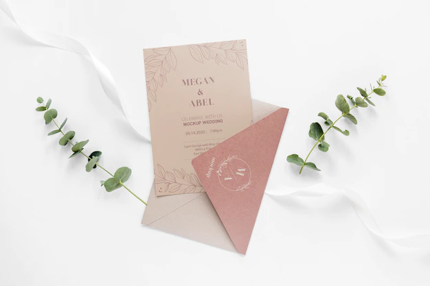 Free PSD | Fat lay of wedding card with envelope and plants