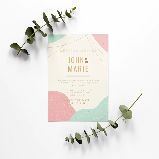 Free PSD | Fat lay of wedding card with plants
