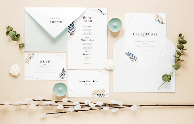 Free PSD | Fat lay of wedding cards with plants and candles