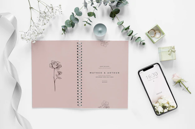 Free PSD | Fat lay of wedding notebook with smartphone and plants