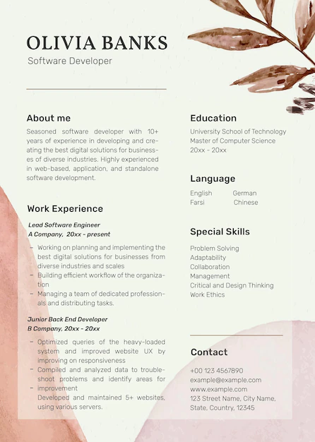 Free PSD | Feminine pastel resume template psd with paper texture background