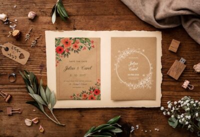 Free PSD | Flat lay beautiful assortment of wedding elements with invitation mock-up