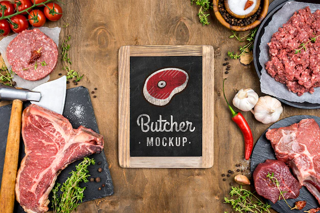 Free PSD | Flat lay butcher shop with fresh meat