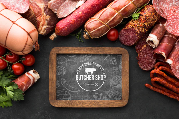 Free PSD | Flat lay meat products with chalkboard mock-up