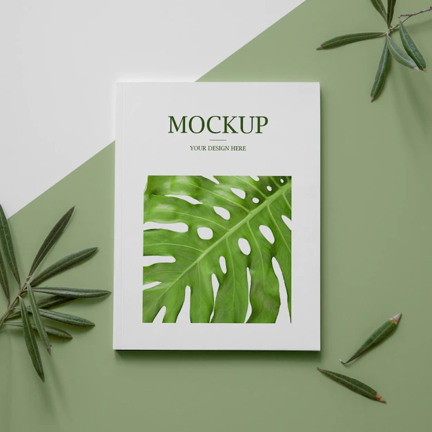 Free PSD | Flat lay nature magazine cover mock-up with leaves arrangement