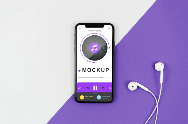 Free PSD | Flat lay smartphone mock-up with earphones