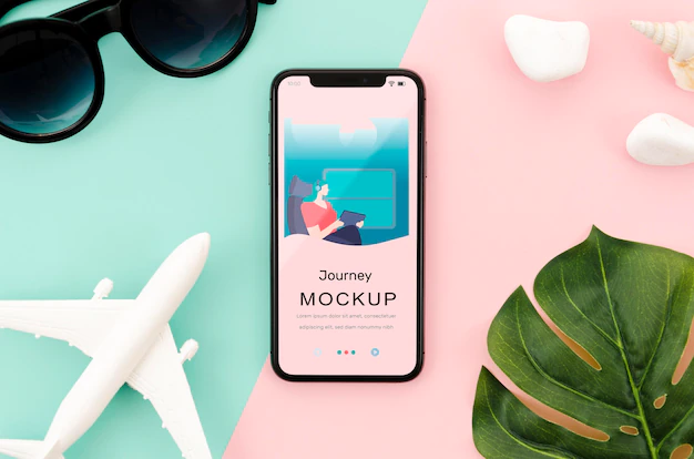 Free PSD | Flat lay smartphone mock-up with leaf