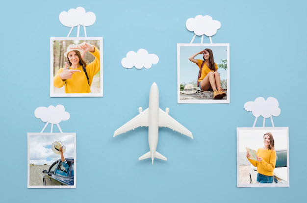 Free PSD | Flat lay travel concept with photos