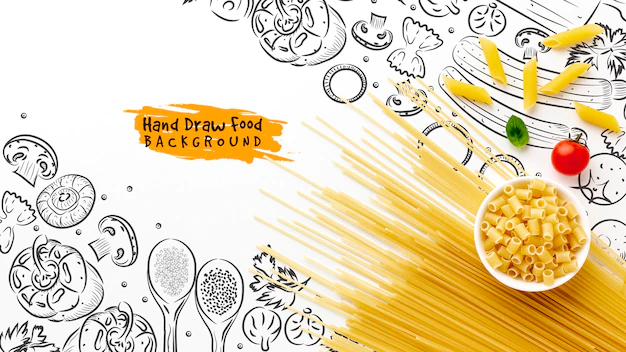 Free PSD | Flat lay uncooked pasta mix and tomatoes on hand drawn background