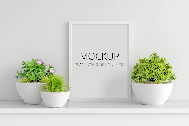 Free PSD | Flower and succulent pot plant with picture frame mockup
