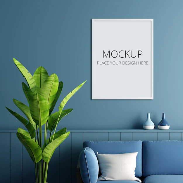 Free PSD | Frame mockup in blue living room
