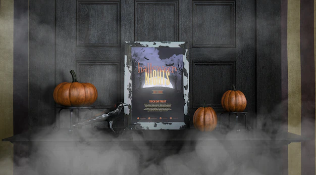 Free PSD | Front view halloween nights frame mock-up in the mist