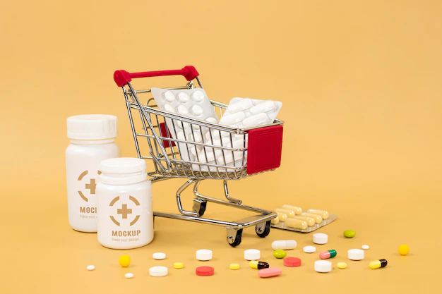 Free PSD | Front view of medicine bottles with pills and shopping cart
