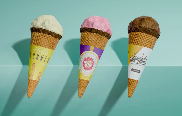 Free PSD | Front view of three varieties of ice cream cones