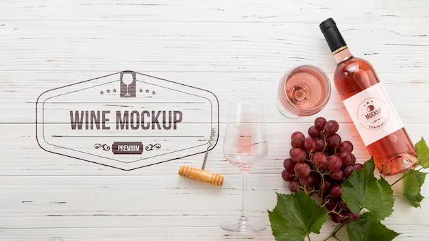 Free PSD | Front view rose wine bottle and grapes