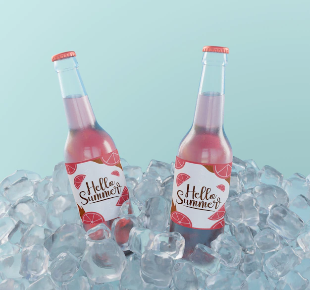 Free PSD | Fruit soda bottles with ice cubes