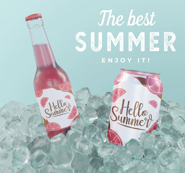 Free PSD | Fruit soda can and bottle with ice cubes