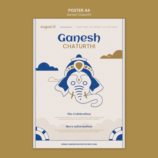 Free PSD | Ganesh chaturthi vertical poster template with elephant and clouds