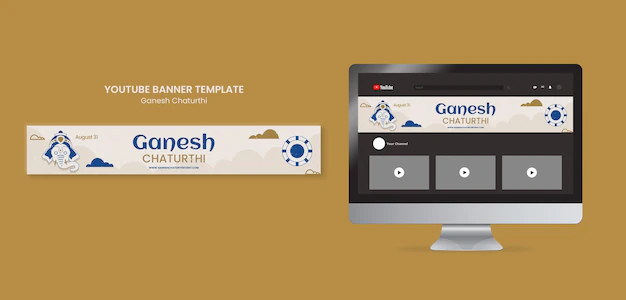 Free PSD | Ganesh chaturthi youtube banner template with elephant and clouds