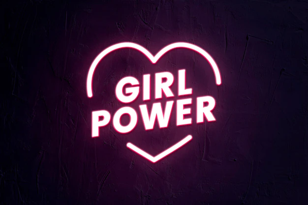Free PSD | Girl power typography template psd in neon style with heart shape