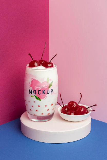 Free PSD | Glass of yogurt mock-up with cherries