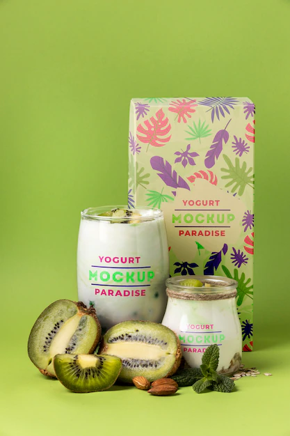 Free PSD | Glass of yogurt mock-up with kiwi fruit