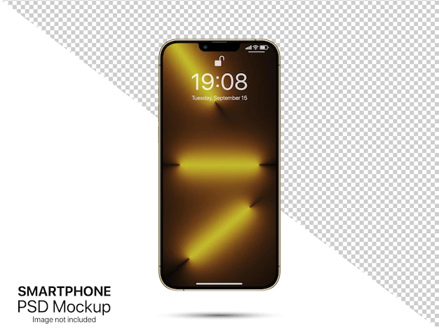 Free PSD | Gold 3d smartphone screen mockup front view iphone 13 pro max template