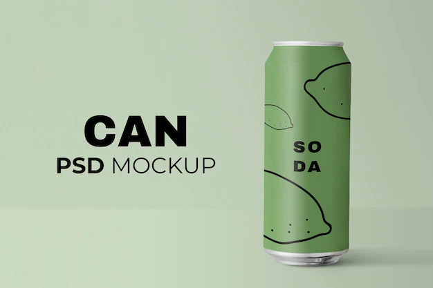 Free PSD | Green soda can mockup psd beverage product packaging