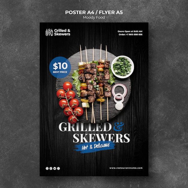 Free PSD | Grilled skewers with veggies restaurant poster template