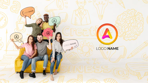 Free PSD | Group of friends sitting on a couch and logo name