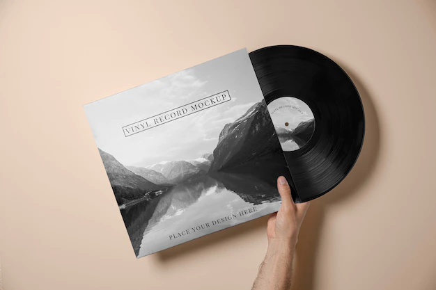 Free PSD | Hand holding vinyl record mockup