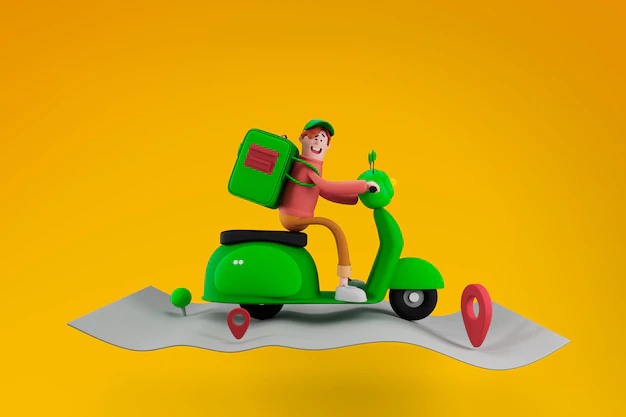 Free PSD | Happy delivery man in uniform riding motorcycle with bag on map with isolated background delivery concept 3d render cartoon character