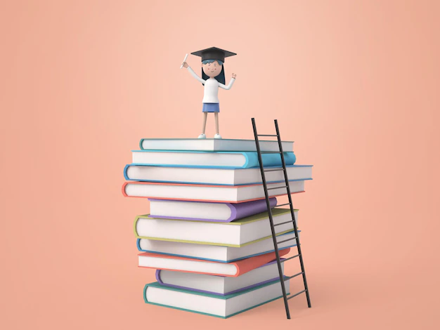 Free PSD | Happy excited girl graduate in a graduation cap on her head standing on stack of books isolated background