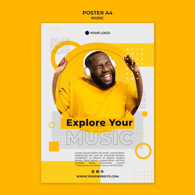 Free PSD | Happy man listening to music poster template