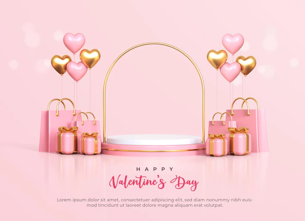 Free PSD | Happy valentine's day with 3d empty podium and romantic valentine decorations