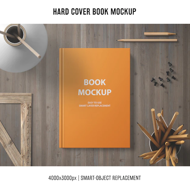 Free PSD | Hard cover book mockup with wooden elements