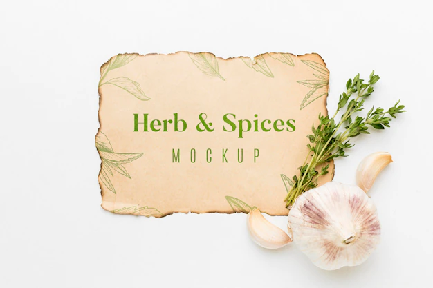 Free PSD | Herbs and spices mock-up with garlic