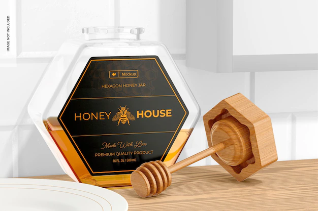 Free PSD | Hexagon shaped honey jar mockup, opened